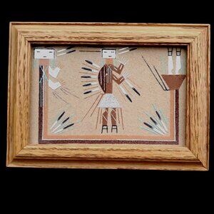 Navajo Sand Art "Rainbow Yei" By Lester Johnson In Oak Frame 7.5"